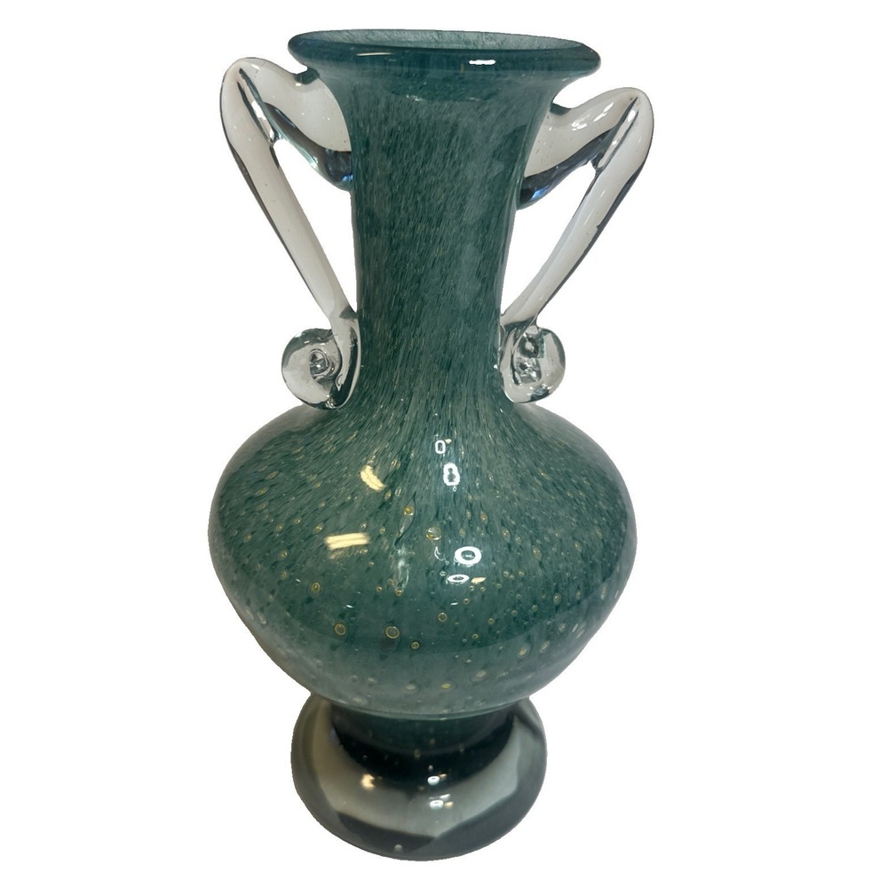Vintage Hand Blown Teal Art Glass Vase Controlled‎ Bubble Scroll Handles 10.5in